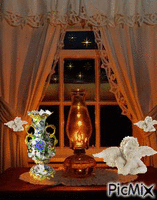 A TABLE NEAR WINDOW AT NIGHT, LAMP ALL LIT UPSTARS FLICKERING, A PRETTY VASE WITH A SPARKLING FLOWER ON IT.AN ANGEL CHERUB, WITH IT'S GREEN EYES OPENING AND CLOSING. AND A CHERUB LIKE IT ON TIEBACKS OF CURTAINS. - Bezmaksas animēts GIF