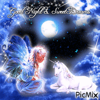 Good Night & Sweet Dreams Little Fairy and Unicorn - GIF animé gratuit
