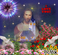 JESUS,A CHURCH WITH LIGHTS, PINK, YELLOW. AMD RED PLOWERS, SOME BLOWING. STARS A PRETTY SUN AND 2 DOVES. AND I LOVE YOU, IN AND OUT. Animated GIF
