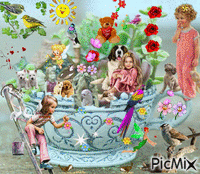 2 LITTLE GIRLS PLAYING WITH DOGS, CATS, BIRDS GIF animasi
