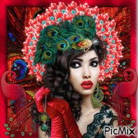 Woman with peacock...(red) Animated GIF
