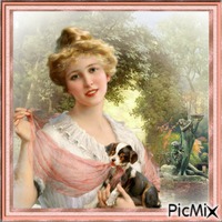 Femme avec un chien vintage.