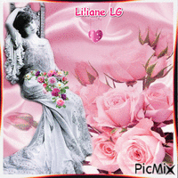La jeune femme sur une balançoire entourée de roses анимиран GIF
