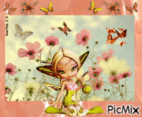 Petite fée dans un champs de fleurs - GIF animado grátis