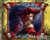 femme en rouge avec un demi masque geanimeerde GIF