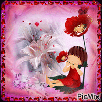 Portrait Girl Red Flowers Colors Happy Valentine's Day Deco Glitter Butterfly - Free animated GIF