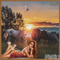 A sunset with horses animuotas GIF