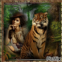 A woman and her friend tiger animēts GIF