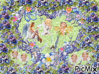 ANGELS IN ONE LARGE AND 2 SMALL HEARTS OF PURPLE FLOWERS AND TINY ANGELS ON THE BORDERS OF THE HEARTS, THEY HAVE FLASHING COLOR BACKGROUNDS OF YELLOW, GREEN, AND PINK, FRAMED WITH SPARKLING BLUE FLOWERS. - Gratis animerad GIF