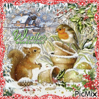 Winter Wonderland with snow, squirrel and bird - Ingyenes animált GIF