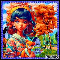 La fillette et sa peluche en orange et bleu - Ingyenes animált GIF