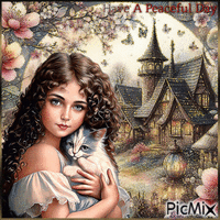 Have a Peaceful Day. Girl and cat - Ingyenes animált GIF