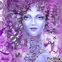 Femme et papillons - Tons violets/roses