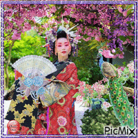 Geisha and peacock - Free animated GIF