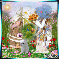 TWO LITTLE GIRLS AMOUNG THE FLOWERS, SMELLING A POT OF DAISYS, THE WIND IS BLOWING AND THE TWO LITTLE DOGS ARE WATCHING THE BUTTERFLIES, AND THE TWO LITTLE LOVE BIRDS. - Darmowy animowany GIF