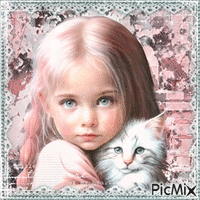 Little Girl and White Cat - Free animated GIF