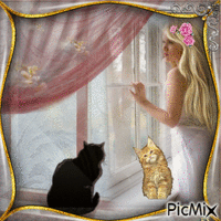 girl looks out the window animált GIF
