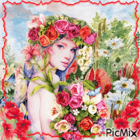 girl with flowers*watercolor - GIF animé gratuit