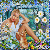 Spring Hope. Woman. Flowers, cat - Free animated GIF