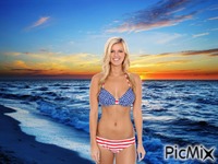 Woman in patriotic bikini at beach Animated GIF