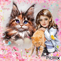 Little girl and her cats animasyonlu GIF