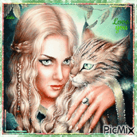Love you... Woman with her cat アニメーションGIF