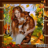 Girl with her fox - Бесплатни анимирани ГИФ