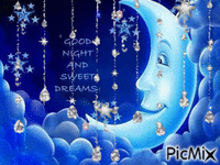GOOD NIGHT AND SWEET DREAMS WITH A BLUE MOON AND CLOUDS, WITH STARS AND SPARKLES. - GIF animé gratuit