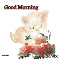 Morning-cat-roses GIF animé