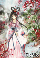 Japonaise au champ de fleurs - GIF animado grátis