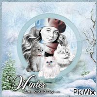 Mädchen im Winter mit ihren Katzen - Δωρεάν κινούμενο GIF