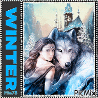 Femme et loup en hiver GIF animé