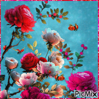 Roses and Ladybugs Animated GIF