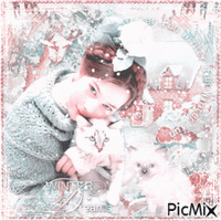 Girl in Winter with her cats