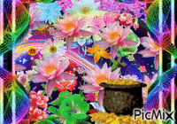 all colors of animated flowers, a small rainbow. and a large rainbow and a pot of gold. GIF animado