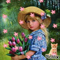 Girl and cat in raining flowers анимирани ГИФ