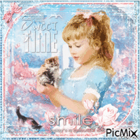 Girl and cat - Pink and blue tones - GIF animé gratuit