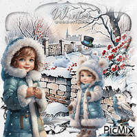 Winter mit Kindern und Tieren - Ingyenes animált GIF