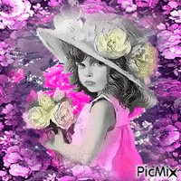 Petite fille vintage et bouquet de fleurs GIF animata