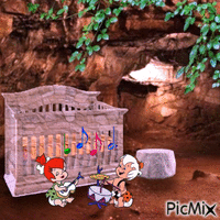 Pebbles and Bamm-Bamm singing in cave nursery Animated GIF