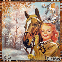 femme et cheval vintage 🌼❤️ κινούμενο GIF