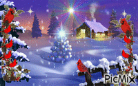 A PRETTY WINTER SCENE A DECROATED TREE WITH A TWINKLING STAR, LOTS OF RED CARDINALS, SMOKE COMING OUT OF THE CHIMINEY, STARS SMARKLING. GIF animata