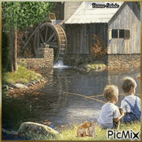 Concours : Enfants qui pêchent dans l'étang - Vintage - GIF animé gratuit