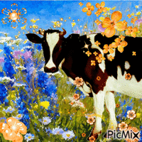 The cow with the orange flowers - Бесплатный анимированный гифка