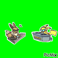 pikachu & eevee as djs on a green screen アニメーションGIF