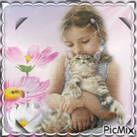 Bisou d'un fillette à un chat - Gratis animeret GIF
