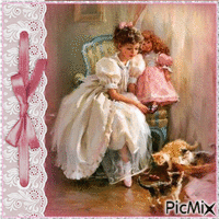 girl with her kittens animált GIF