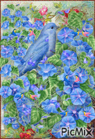 BLUE BIRD SPARKLING, BLUE BUTTERFLIES, AND BLUE MORNING GLORY, AND CUTE HUMMING BIRDS. GIF animado