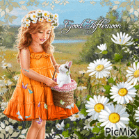 Good Afternoon Girl, Rabbit and Daisies - GIF animé gratuit
