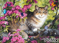 Cat in a Tree with Butterflies анимированный гифка